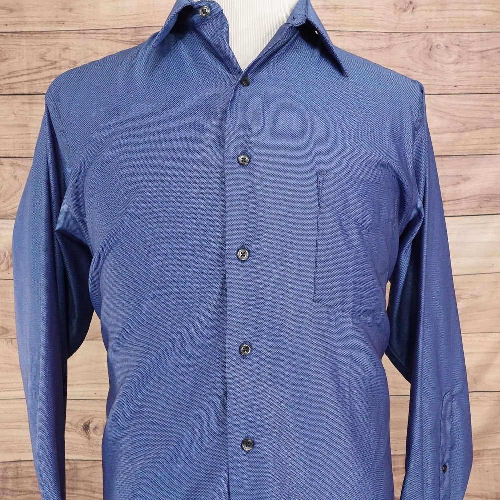 Van Heusen Dress Shirt Mens 16.5 32/33 Large Regular Fit Blue Solid Wrinkle Free